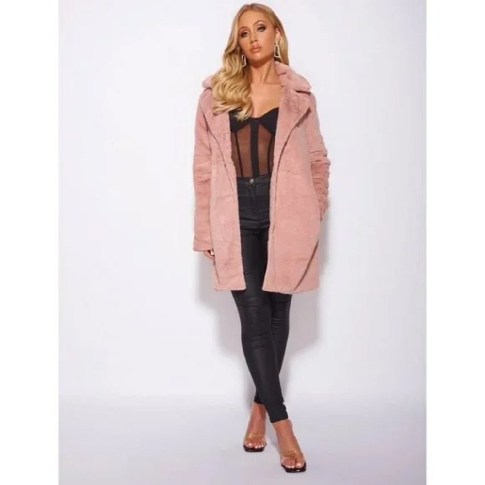 Pink Faux Fur Long Sleeve Lapel Collar Loose Fit Oversized Coat - Picture 5 of 17